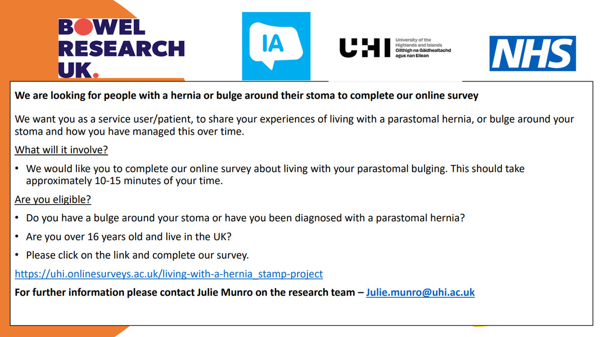 Are you living with a bulge around your stoma? Researchers are looking for people to share their experiences of living with and managing a parastomal hernia or bulge. Please fill in the survey to contribute to this study: uhi.onlinesurveys.ac.uk/living-with-a-… @julie_PA_health #stoma #research