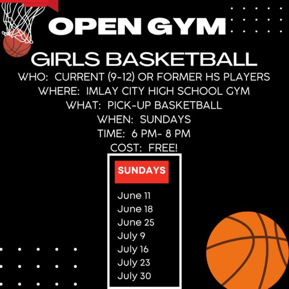 Calling all hs, former players and college girls basketball players looking to play some basketball!!!!   

Join us at Imlay City High School for pick-up basketball Sunday evenings beginning this weekend 6-8pm