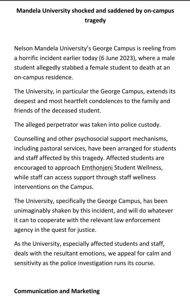 Mandela University shocked and saddened by on-campus tragedy