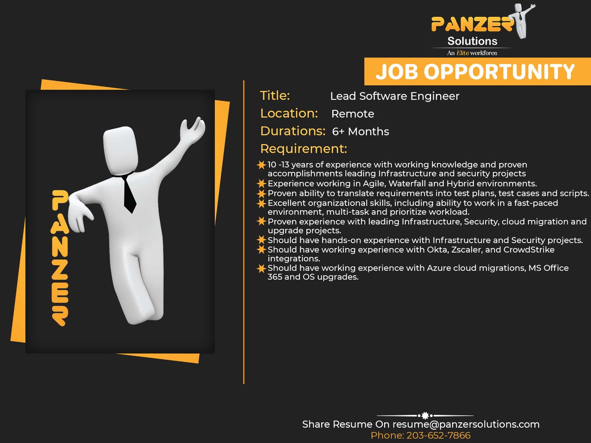 panzersolution's tweet photo. Job Title: Lead Software Engineer
Location: Remote
Duration: 6+ Months
Share resumes at resume@panzersolutions.com
Or for more job requirements, click on the below link
Click Here: https://t.co/BNslegB3Lc
#PanzerSolutions #leadsoftware #engineer #jobs #jobsearch #jobseekers https://t.co/eBSrbEodTL