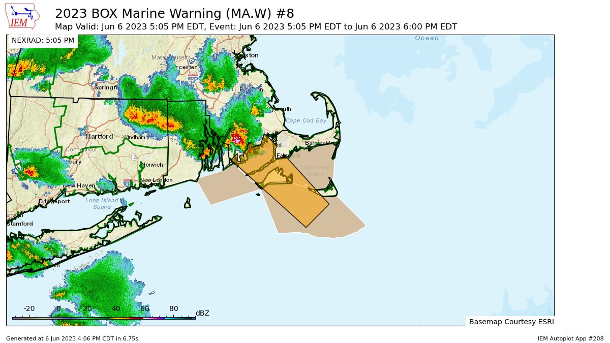 BOX issues Marine Warning [wind: 40 KTS, hail: >.75 IN] for Buzzards Bay, Coastal Waters extending out to 25 nm South of Marthas Vineyard and Nantucket, Nantucket Sound, Rhode Island Sound, Vineyard Sound [AN] till 6:00 PM EDT mesonet.agron.iastate.edu/vtec/f/2023-O-…