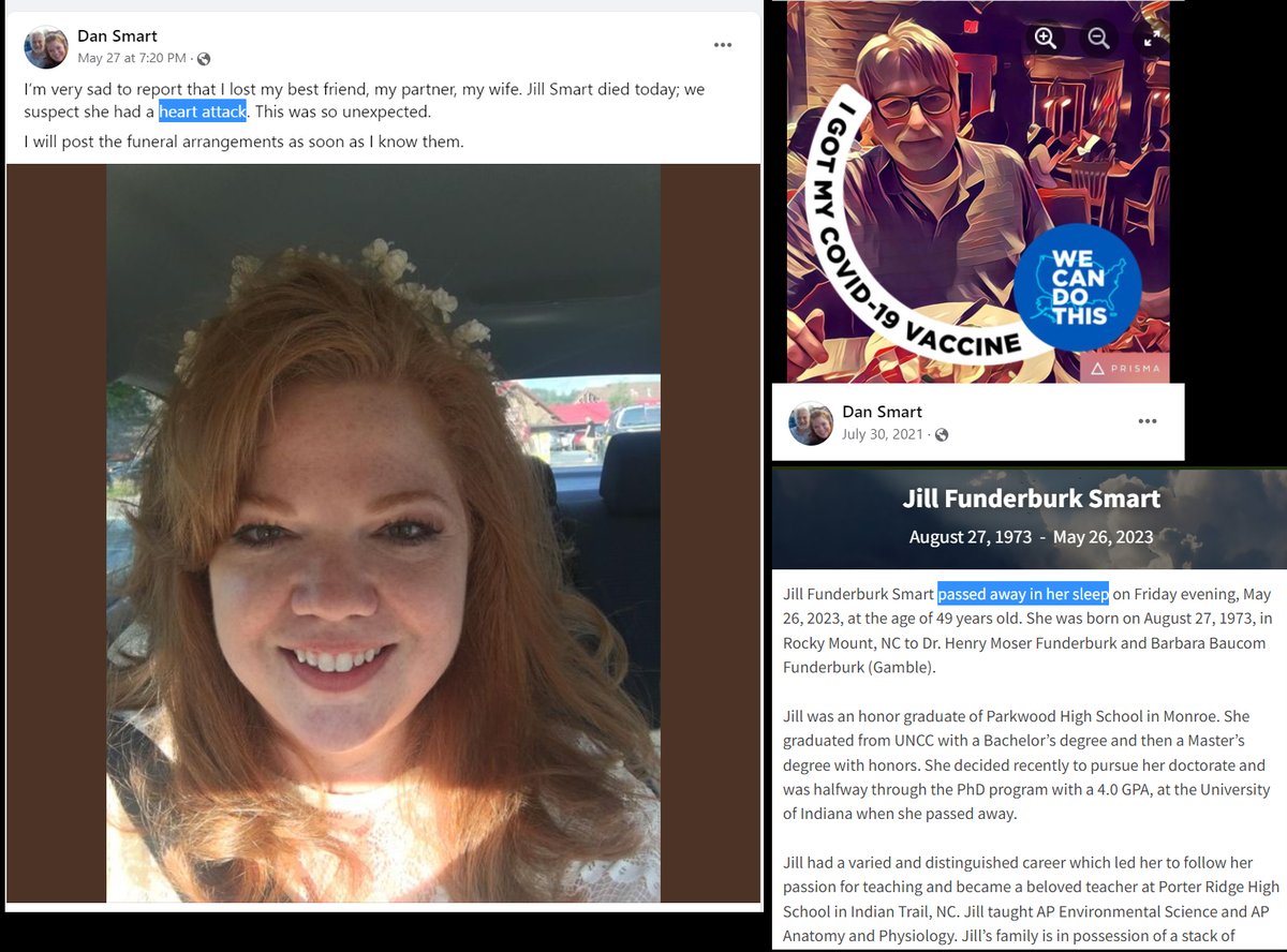 Greensboro, NC - 49 year old Jill Funderburk Smart died suddenly in her sleep on May 26, 2023

She was pursuing a PhD at University of Indiana and taught anatomy & physiology

'Died in sleep' is a common outcome of COVID-19 mRNA vaccine myocarditis

#DiedSuddenly #cdpoli #ableg