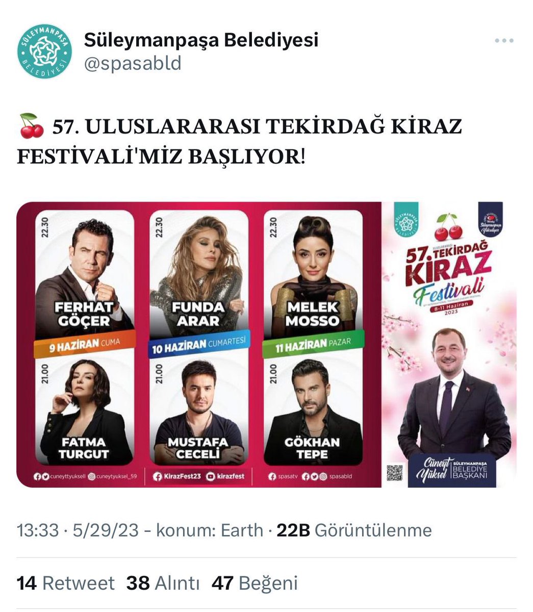 yilmazgul35352's tweet image. AK Partili kadına küfreden yaşlı kadını savunarak paylaşım yapan ve Türkiye’yi kötüleyen Melek Mosso’yu 
AK Partili Süleymanpaşa Belediyesi&apos;nin düzenlediği festivalde kimler görmek istemiyor?