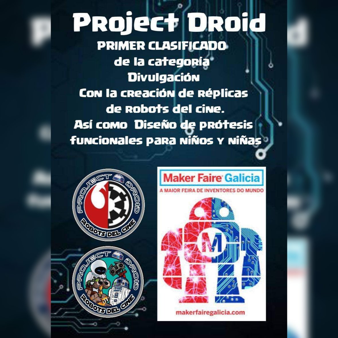 R2BuildersSpain's tweet photo. Enhorabuena a nuestros compañeros de Project droid
@droid_project por este premio en @makerfaire Galicia
#r2d2builders #r2d2builderspain #projectdroid #makerfairegalicia https://t.co/mHZXMC4sf9