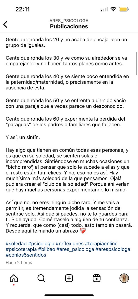 ares_psicologa's tweet photo. Esta mañana recibía un mensaje de una amiga mía: “me siento sola”. Y me he parado a reflexionar sobre la de veces que he oído esta frase últimamente.

#soledad #psicologia #reflexiones #terapiaonline #psicoterapia #bilbao #ares_psicologa #arespsicologa #conlos5sentidos https://t.co/7WIch6PVSq