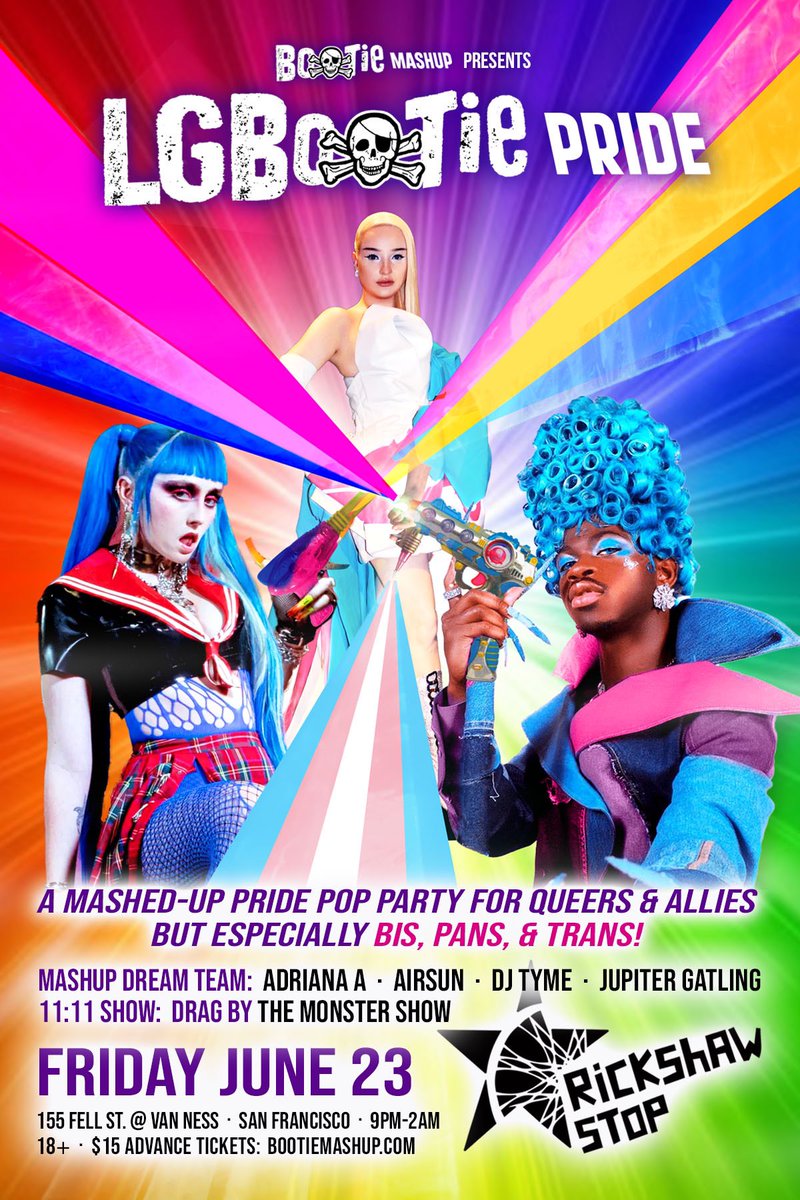 It’s Pride Month, so mark your calendars: Our infamous LGBooTie Pride party is at <a href="/rickshawstopsf/">Rickshaw Stop</a> Friday June 23. It’s a mashed-up Pride pop party for queers and allies — but especially bis, pans, and trans! (Oh hey, that’s us!)
wl.seetickets.us/event/LGBOOTIE…