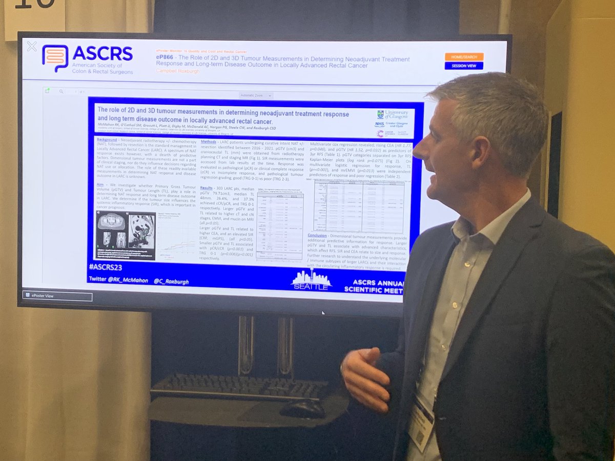 ⁦@C_Roxburgh⁩ presenting ⁦@RK_McMahon⁩ fantastic work assessing 2D and 3D tumour measurements in determining neoadjuvant response and RFS in #rectalcancer #ASCRS23 ⁦@grisurgery⁩ @OcathailS ⁦@RadNetCRUKGla⁩