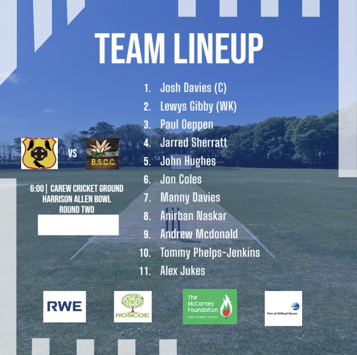 StackpoleCC's tweet image. 🟦 Harrison Allen Bowl 🟦

After a bye in the opening round, tomorrow evening sees us travel to face @CarewCC for our second round tie. Here’s how we lineup 🏏 

Game starts 6pm! 

Up The Lilies 👏