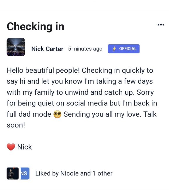 thank you for thinking of your fans, but you don't have to apologize, I'll wait for you and have fun with your family, I love you @nickcarter