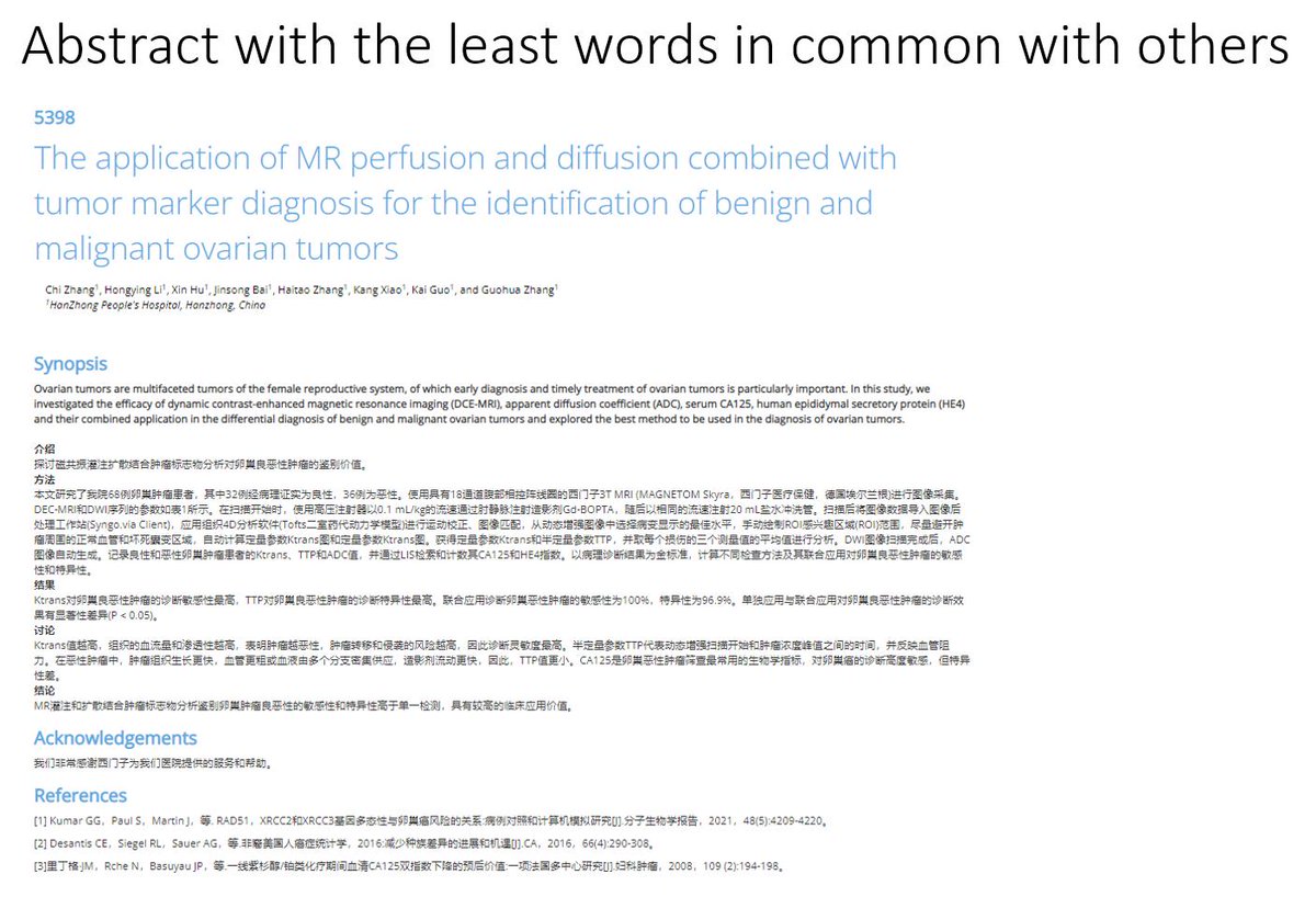 The abstract with the most words in common with others is #4314 "Twinkle, twinkle T2-star..." by Pippa Storey. The one with the least words in common is (for obvious reasons) #5398 "The application of MR perfusion and diffusion..." by Chi Zhang
#ISMRM2023 #ISMRM23
