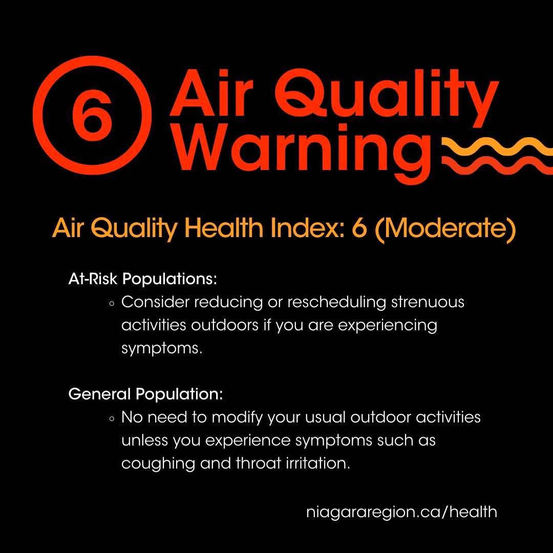NRPublicHealth's tweet photo. Environment Canada issued a special air quality statement for Niagara.

If you're at higher risk (lung ailments, heart disease, older adults, children, pregnant individuals, outdoor workers), please prioritize your well-being &amp; stay informed by visiting https://t.co/1KxC6oWCNU https://t.co/WwNcKGCBAb