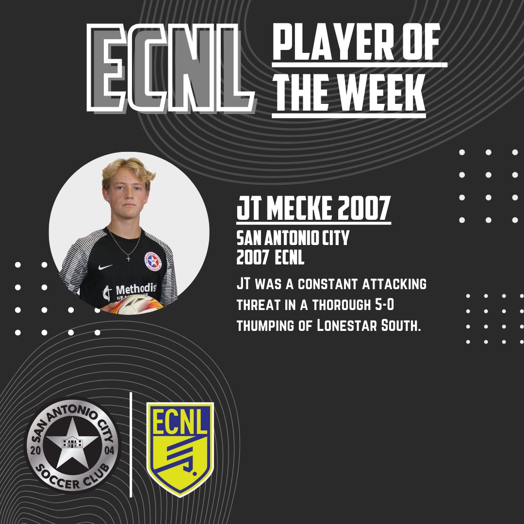 SA City ECNL Team of the Week vs Lonestar STH!
SA City ECNL JT Mecke Player of the Week 👏👏👏

#TeamOfTheWeek
#BuildingTheCITY #SACityProud
🔵🔴