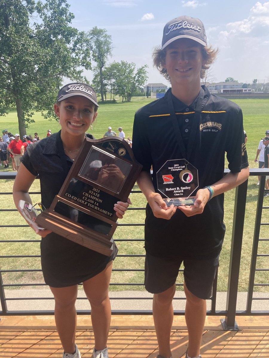 IHSAA's tweet photo. 2023 #iahsgolf Co-Ed Champions ⛳️🏆

2️⃣🅰️:
🥇: Natalie Henson &amp; Ryan Schmit, Marshalltown, 74
🥈: Jane Peterson &amp; Ben Blockinger, C.R. Washington, 76

1️⃣🅰️:
🥇: Meghan DeLong &amp; Elijah Anderson, Clear Lake, 76
🥈: Chloe Bolte &amp; Jaymison Howard, Sumner-Fredericksburg, 78 https://t.co/gRtlzh0Wiq