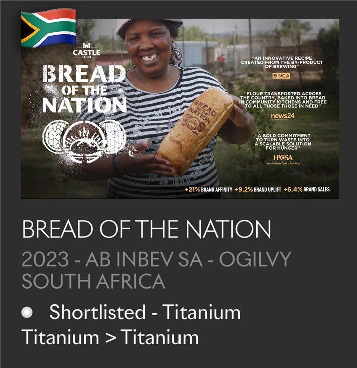 What a wonderful headline for <a href="/CastleLagerSA/">Castle Lager SA</a> &amp; <a href="/OgilvySA/">Ogilvy South Africa</a> Proudly flying the South African flag high at this years <a href="/Cannes_Lions/">LIONS | The Home of Creativity</a> with a shortlist in Titanium for ‘Bread of the Nation’. A platform that does great for the brand - while doing great for our country at the same time 🙌