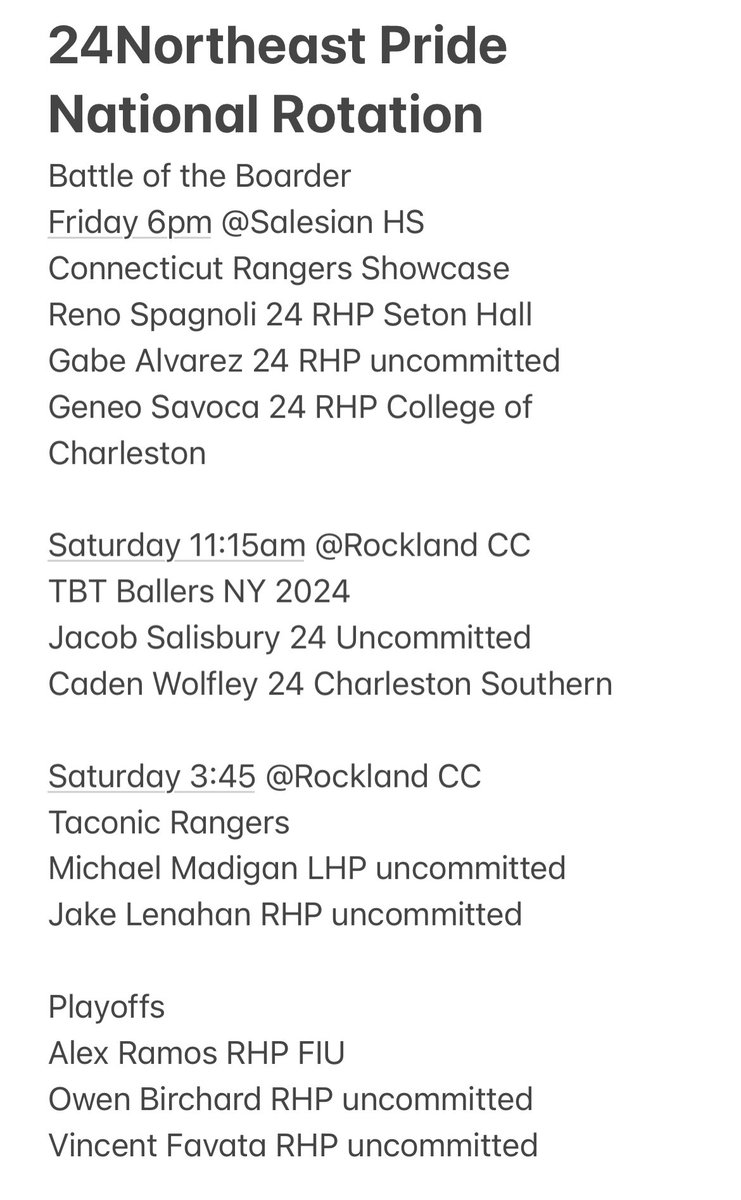 Pitching rotation for <a href="/NEPridebaseball/">NEPridebaseball</a> 24 national  and game schedule for <a href="/firecrackerbsb/">Firecracker Baseball</a> battle of the border this weekend. <a href="/joshkopcza/">Josh Kopcza</a> <a href="/FlatgroundApp/">FLATGROUND Pitching</a> <a href="/D1Uncommitted/">Anthony Edwards</a>