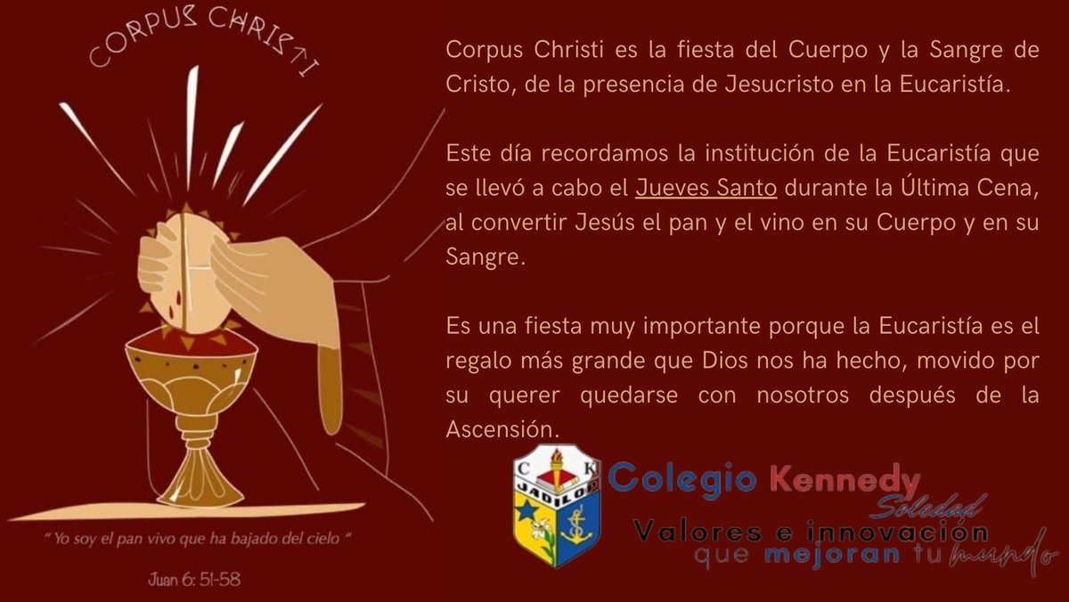 CkSoledad's tweet photo. Jueves de Corpus Christi
Fiesta del Cuerpo y la Sangre de Cristo, de la presencia de Jesucristo en la Eucaristía. https://t.co/0Uq91CtRCA