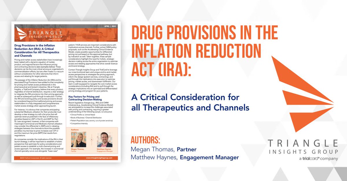 TriangleInsight's tweet image. Our latest commentary piece outlines the requirement for a clear strategy to integrate the Inflation Reduction Act (IRA) provisions into a product’s pricing, and the considerations needed for a comprehensive market access strategy. Read more: bit.ly/45MSoXN