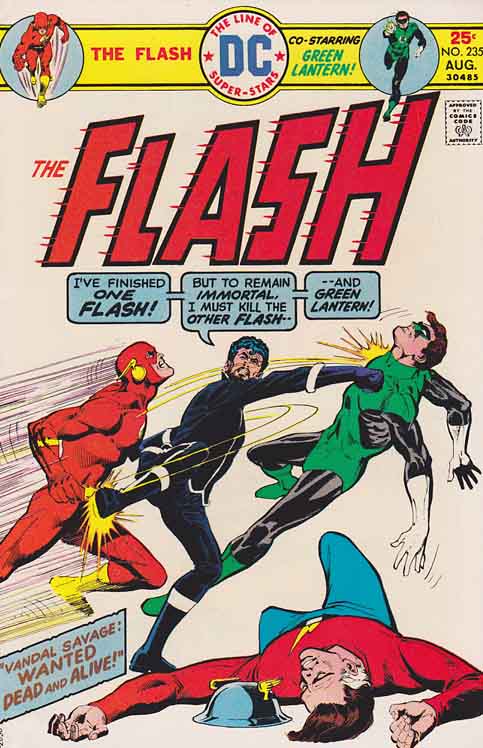 The #Flash #235 (1975) #DickGiordano Art, #CaryBates Story, #VandalSavage Appearance #TheFlash and #GreenLantern find that both Iris Allen and Carol Ferris have been kidnapped, and both go to Earth-Two to help the Flash of that world battle Vandal Savage, who has kidnapped Carol.