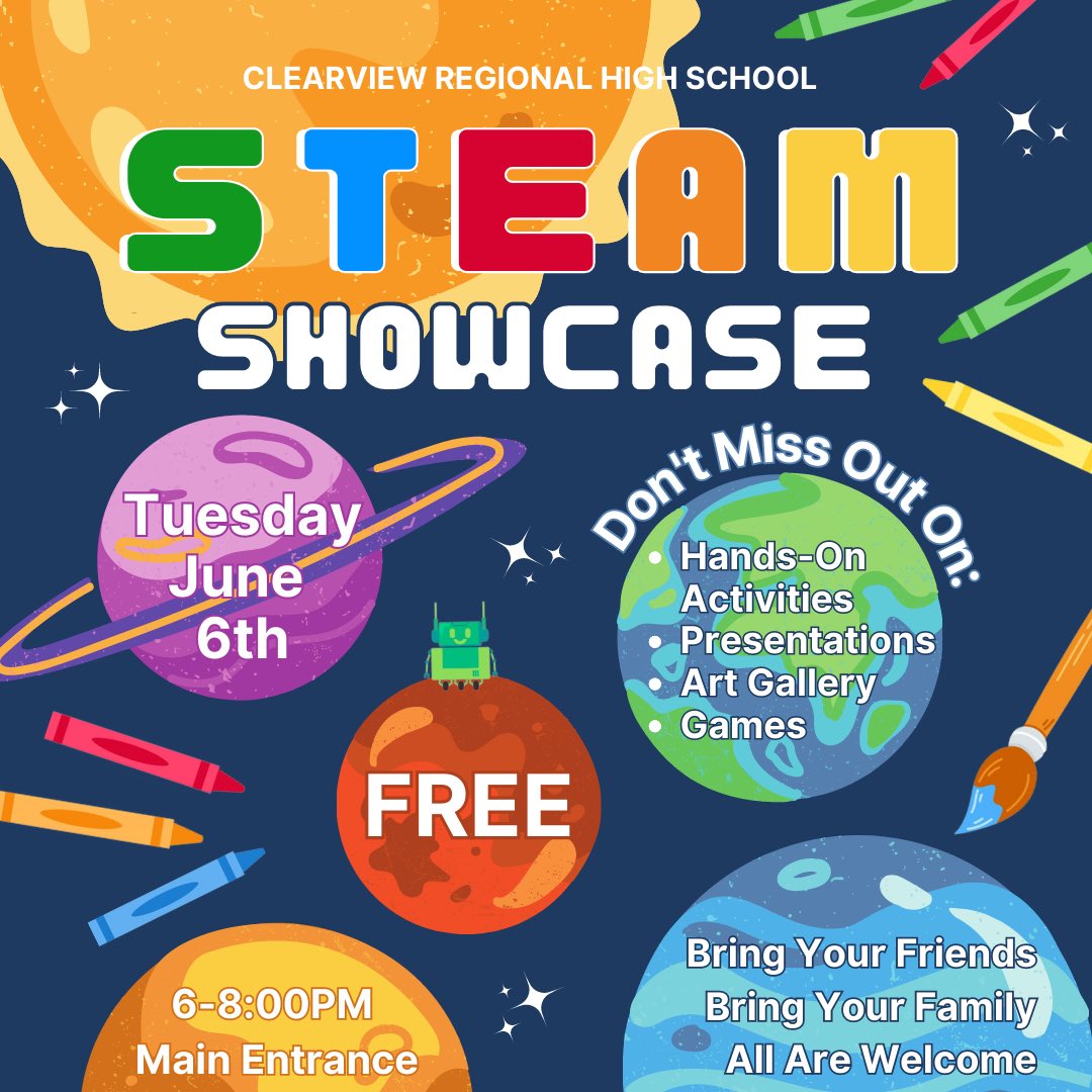 Clearview_NJ's tweet photo. Tonight! Note: Come in through the MAIN ENTRANCE (not Theater). Activities run from 6-8:00 pm, then we all pitch in to tear down 8-8:30pm.
#ClearviewSTEAM https://t.co/xR1Z0mZOnh