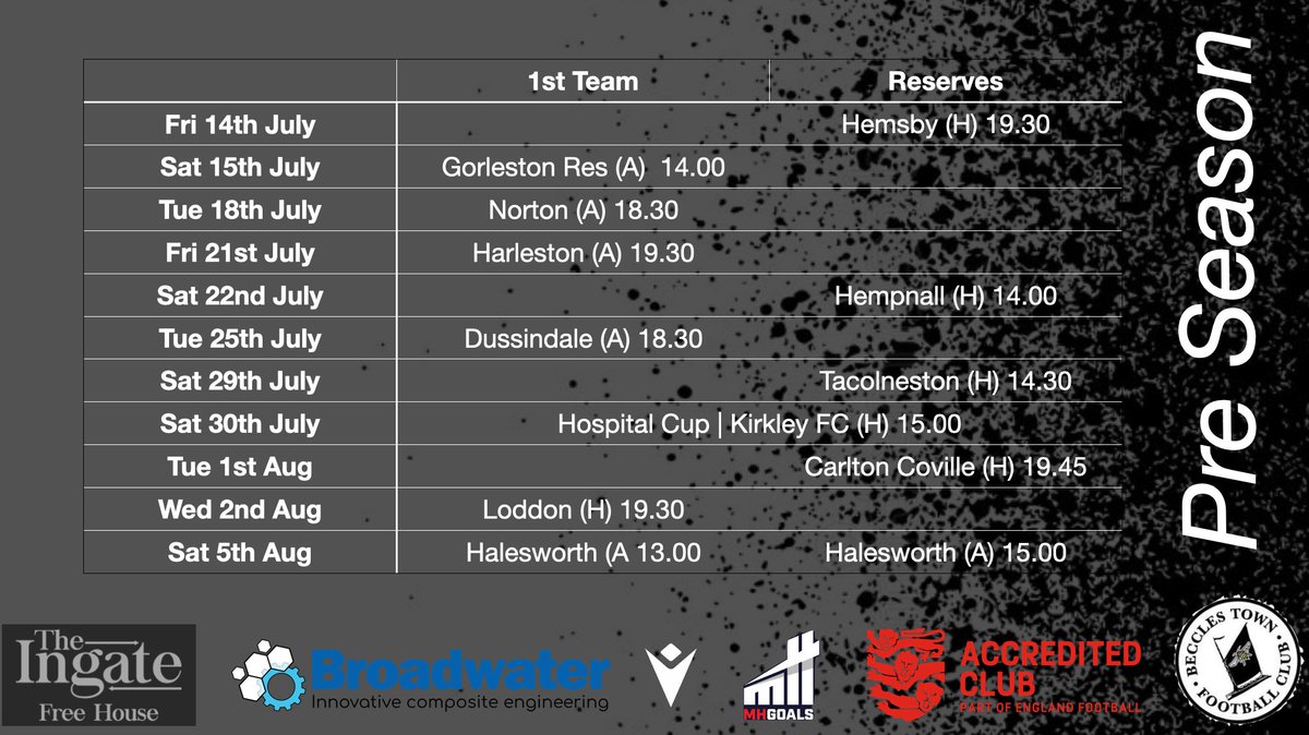 Pre Season 23/24 ||

⚽️Football is back ⚽️

Pre season will take place twice a week on Tuesday's and Thursday's starting on Tue 13th June. 

Details below👇

📅Tues
⏰ 19.30
📍The Nest 3G (NR34 9RH)

📅Thur
⏰ 19.00
📍The Pavilion (NR34 9BU)

New faces always welcome 👌

⚪️⛵️⚫️