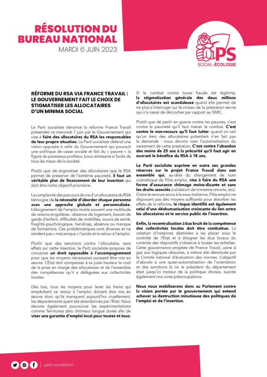 partisocialiste's tweet photo. 🔴 Résolution du Bureau national du Parti socialiste 

« Réforme du #RSA via France Travail : le gouvernement fait le choix de stigmatiser les allocataires d'un minima social » 

➡️ https://t.co/Y6RxvJXxyA https://t.co/yrWfF2mEW9