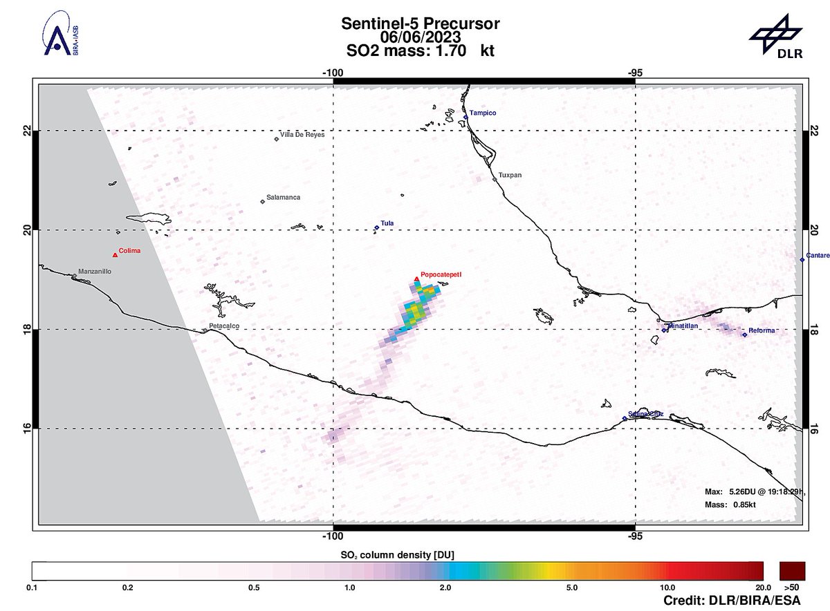 On 2023-06-06 #TROPOMI has detected an enhanced SO2 signal of 5.26DU at a distance of 33.1km to #Popocatepetl. @tropomi #S5p #Sentinel5p @DLR_en @BIRA_IASB @ESA_EO #SO2LH
