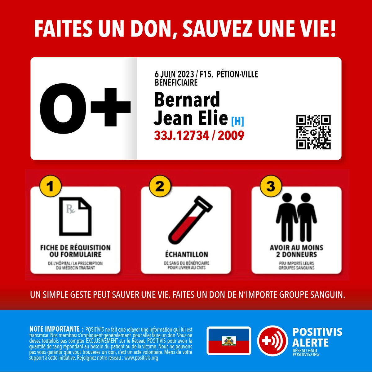 Tanpri ann ede sove lavi Bernard Jn Elie

Demen al fe yon don de sang pou li
  
Dm mwen pou numero kontak moun responsab malad la siw pwal bay san w pou li

RT li pou plis moun ka wèl svp