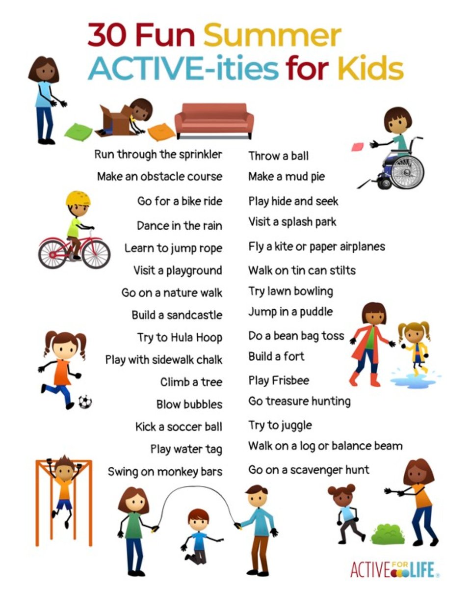 Summer is coming! ☀️ To help your child get active over the next few months, try some of these fun summer ACTIVE-ities! Your child could even make a goal of trying every activity on the list! 
#kidactivities #playideas #playideasforkids #kidsactivityideas #kidswhoexplore