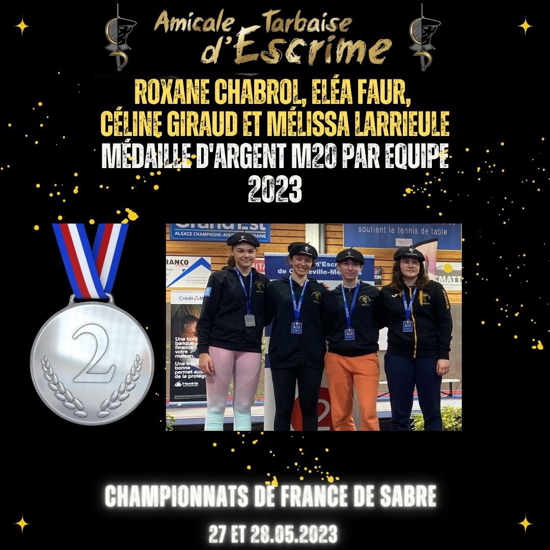 ATEscrime's tweet photo. M20 Championnats de France Sabre 2023 #escrime #tarbes @babathl @MairieTarbes 

- Eléa FAUR Médaille de Bronze🥉
- Filles N1 : Roxane Chabrol , 5ème de l’épreuve

- Roxane Chabrol, Eléa Faur, Céline Giraud et Mélissa Larrieule : Médaille d'argent par équipe 🥈 https://t.co/3bOGrnCph1