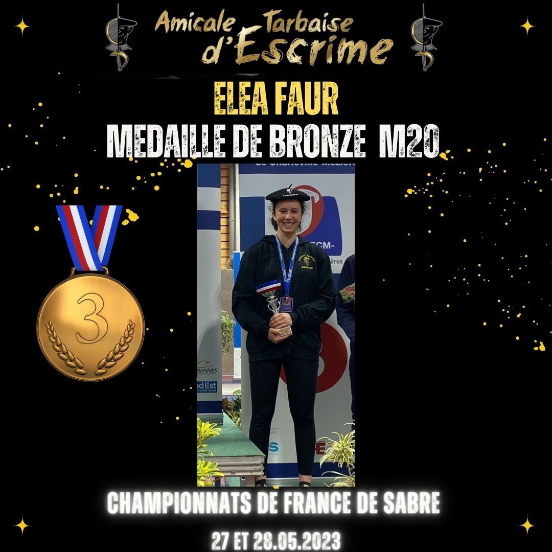 ATEscrime's tweet photo. M20 Championnats de France Sabre 2023 #escrime #tarbes @babathl @MairieTarbes 

- Eléa FAUR Médaille de Bronze🥉
- Filles N1 : Roxane Chabrol , 5ème de l’épreuve

- Roxane Chabrol, Eléa Faur, Céline Giraud et Mélissa Larrieule : Médaille d'argent par équipe 🥈 https://t.co/3bOGrnCph1
