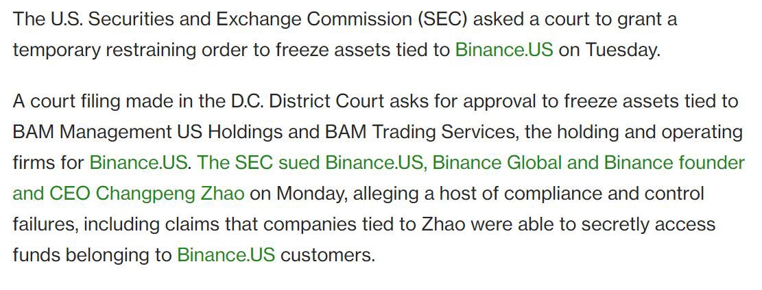 BREAKING: The SEC just asked the court to freeze all assets in Binance US

Assets are about to flow out of Binance US quickly!