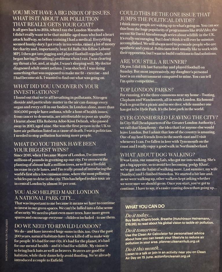 SadiqKhan's tweet image. Great to speak to @countrylivinguk about rewilding our capital, making London the world's first National Park City and my new book, Breathe. 

📚 Book: penguin.co.uk/books/452035/b…