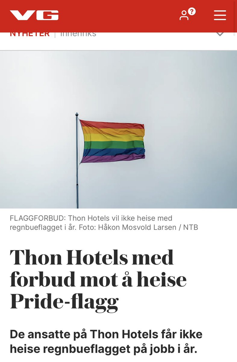 Heia <a href="/ThonHotels/">Thon Hotels</a> !!!! Takk for at dere våger! Som konserndirektøren deres sier i saken her: 
Ved å ikke heise Pride-flagget, så inkluderer man flere. Amen! 
Gleder meg til neste besøk hos Thon hotels!