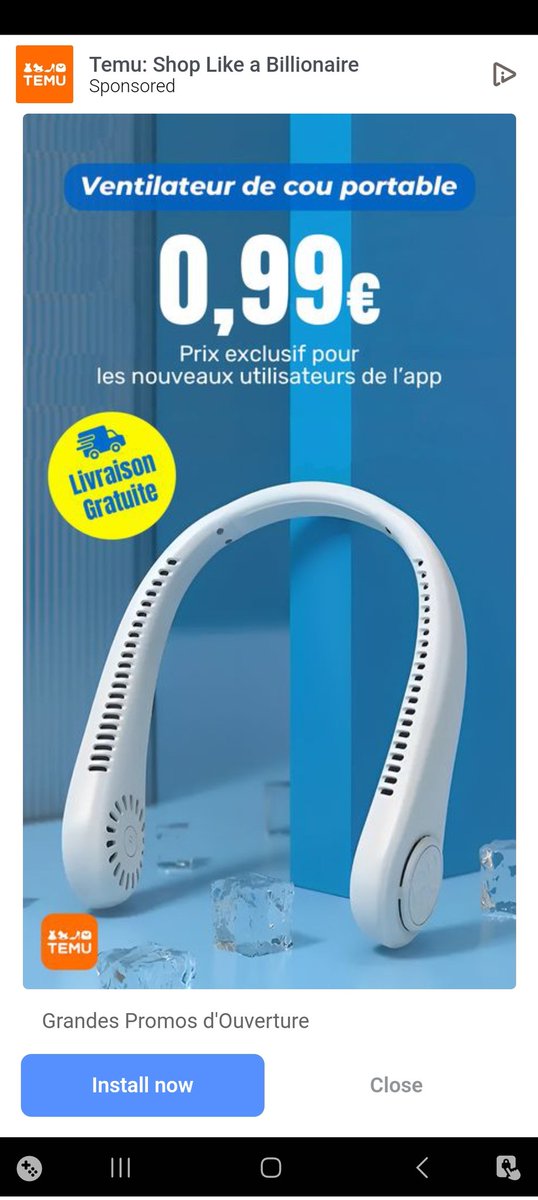 Aaah #TEMU
Grâce au "ventilateur de cou" le confort d'été est assuré ! 
- Plus besoin de #rénovationénergétique
- inutile d'isolation son logement 
- #MaPrimeRénov aux oubliettes

Merci Temu ! J'ai bien rigoler... 🤯
mais je me dit que la #sobriété est encore bien loin