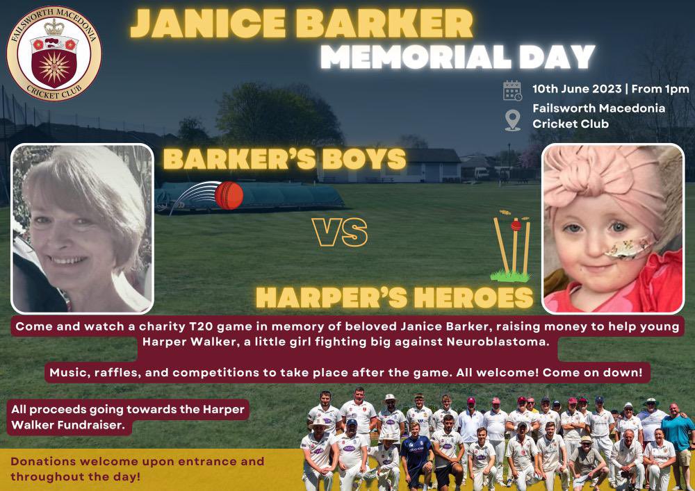 This Saturday the 10th of June we are hosting a T20 game at the Failsworth Macedonia cricket ground in memory of Janice Barker and to raise money for Harper Walker. All for a great cause, if you can’t get down and want to donate, the link is below:

justgiving.com/crowdfunding/h…