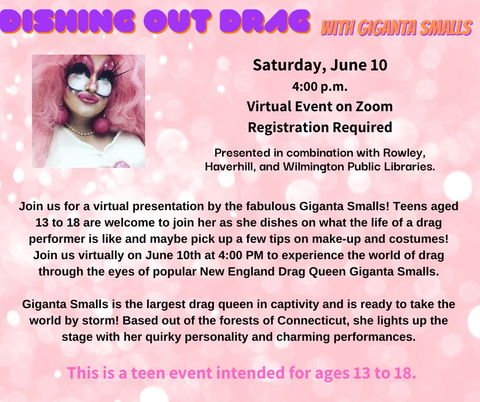 This Saturday at 4 p.m. on Zoom! Join Dishing Out Drag with Giganta Smalls to learn about the life of a drag performer! Register here:
us02web.zoom.us/webinar/regist…

This is a teen event for ages 13 to 18.