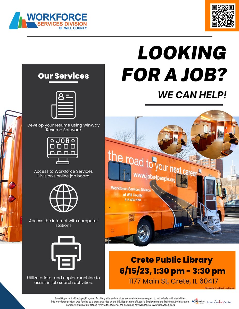 WE CAN HELP! Our MWC will be in Crete, IL, at the Crete Public Library on June 15th, from 1:30PM-3:30PM! 
FREE job search and resume assistance! 

See you there! ☺️ 

#resumebuilding #MWC #willcountyillinois #WCWC #WSD #jobsearch