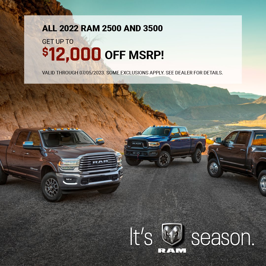 🚨 ALL 2022 RAM 2500 and 3500 - Get up to $12,000 OFF MSRP! 🚨 Don't miss this unbeatable deal! #RAM2500 #RAM3500
Shop now: ow.ly/o5TN50OHkEC