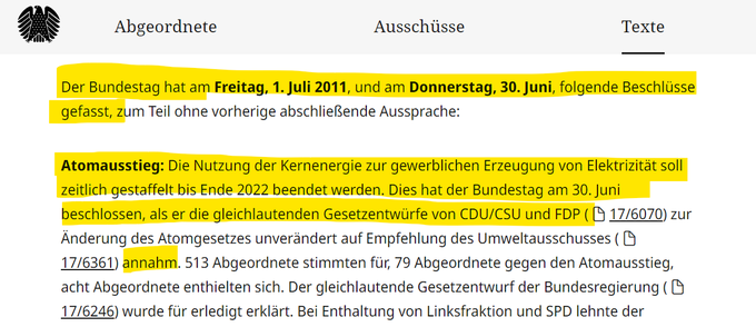 Und die Abschaltung der Kernkraftwerke wurde auch von CDU/CSU und FDP beschlossen, im Sommer 2011.

bundestag.de/webarchiv/text…