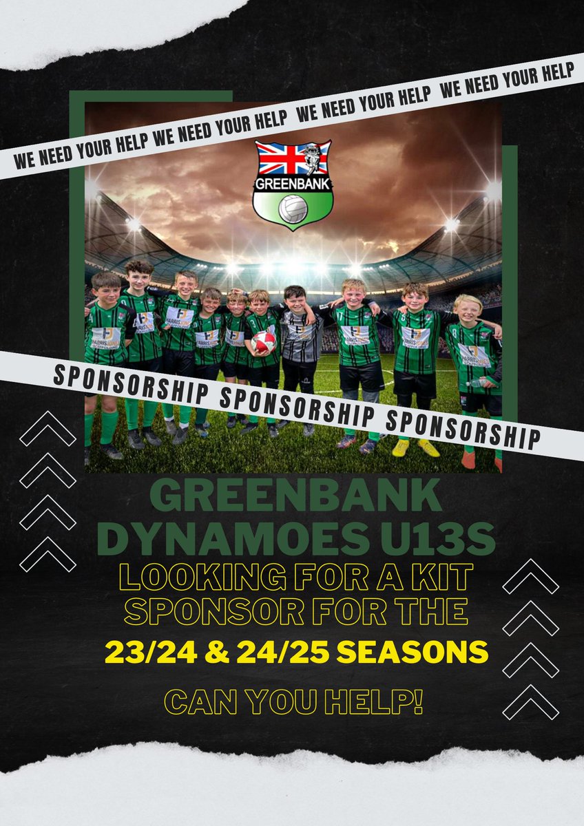 maccamover8's tweet photo. My under 13s Greenbank team is looking for a kit sponsor for next season 

The sponsorship would be massive of the team it would mean they can all wear matching kits for their games and make they feel like a team.
Please get in touch if you can help 🙏
Please share if you can 👍🏻 https://t.co/0esiO8m7yq