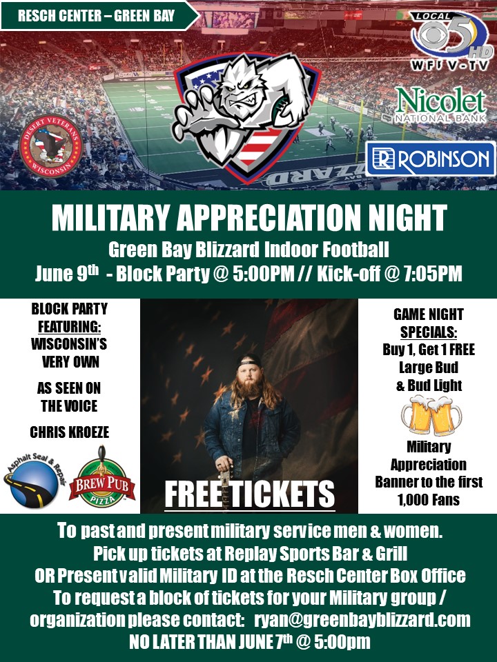 WIVetsChamber's tweet photo. MILITARY APPRECIATION NIGHT W/ @GreenBayBlizzard 
June 9th  - Free tickets for veterans and their immediate families.  Stop down at Replay Sports Bar and Grill to get your free tickets.

#GreenBayBlizzard #InvestInVets #ProudToServe #WiVets https://t.co/lHscTc9J9L