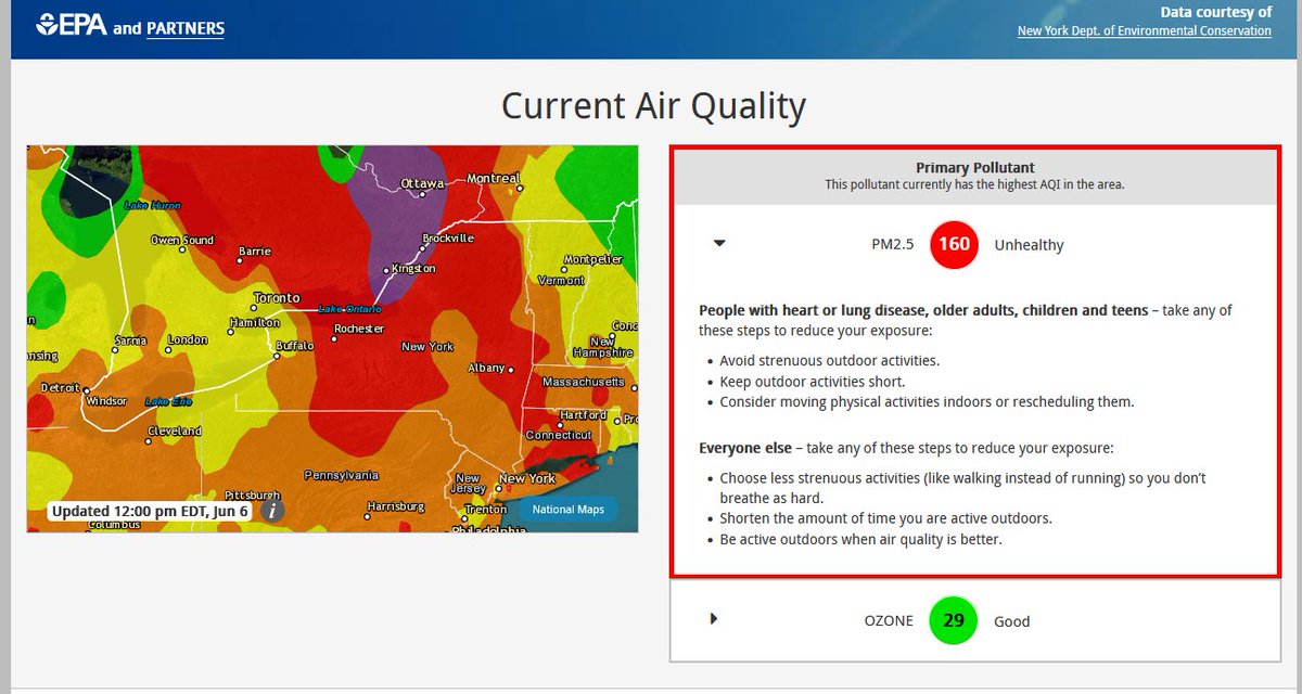 The AQI continues to deteriorate in WNY. The air quality index (AQI) at noon in Rochester is reading 160 now. Readings in this range continue to suggest that the air is unhealthy for all groups exposed to it. #ROC #NYwx
