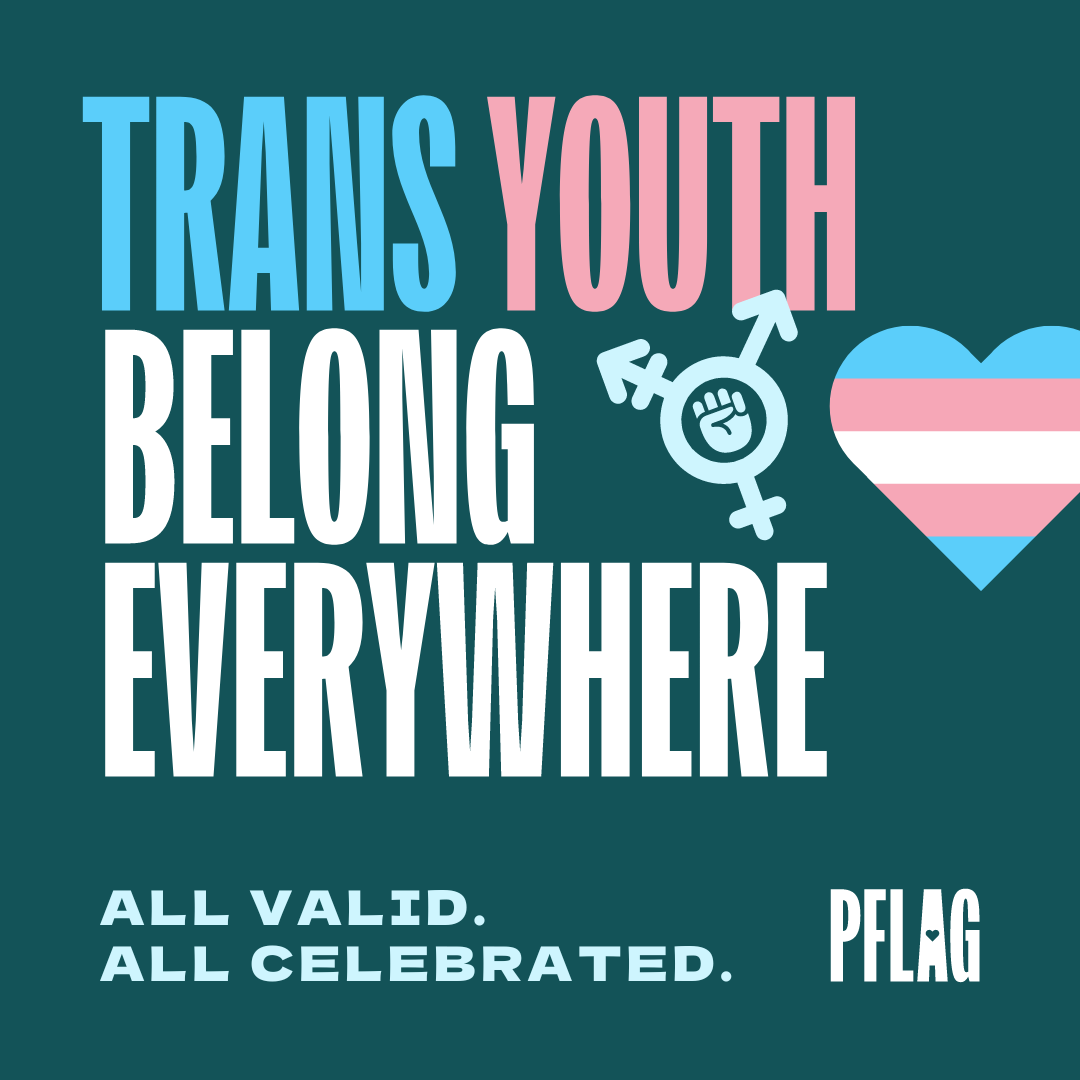 PFLAG's tweet photo. #Trans and #nonbinary youth belong everywhere.
Hateful legislation might make this feel impossible, but we will do everything in our power to ensure you are safe, celebrated, empowered, and loved. 
We see you, we support you, and we will keep fighting by your side. 🏳️‍⚧️ https://t.co/s6hTGpXQ9g