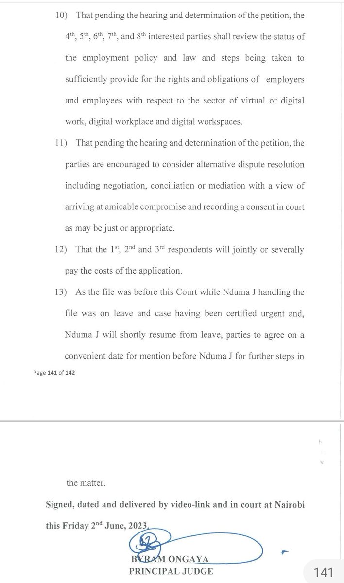 Two critical findings by Justice Byram Ongaya of ELRC in case against <a href="/Meta/">Meta</a>.

1. Ordering GoK to address regulatory gaps to ensure protection of rights for those working in (relating to) digital &amp; tech.

2. Employers duty to a safe work environment extends to "working at home".
