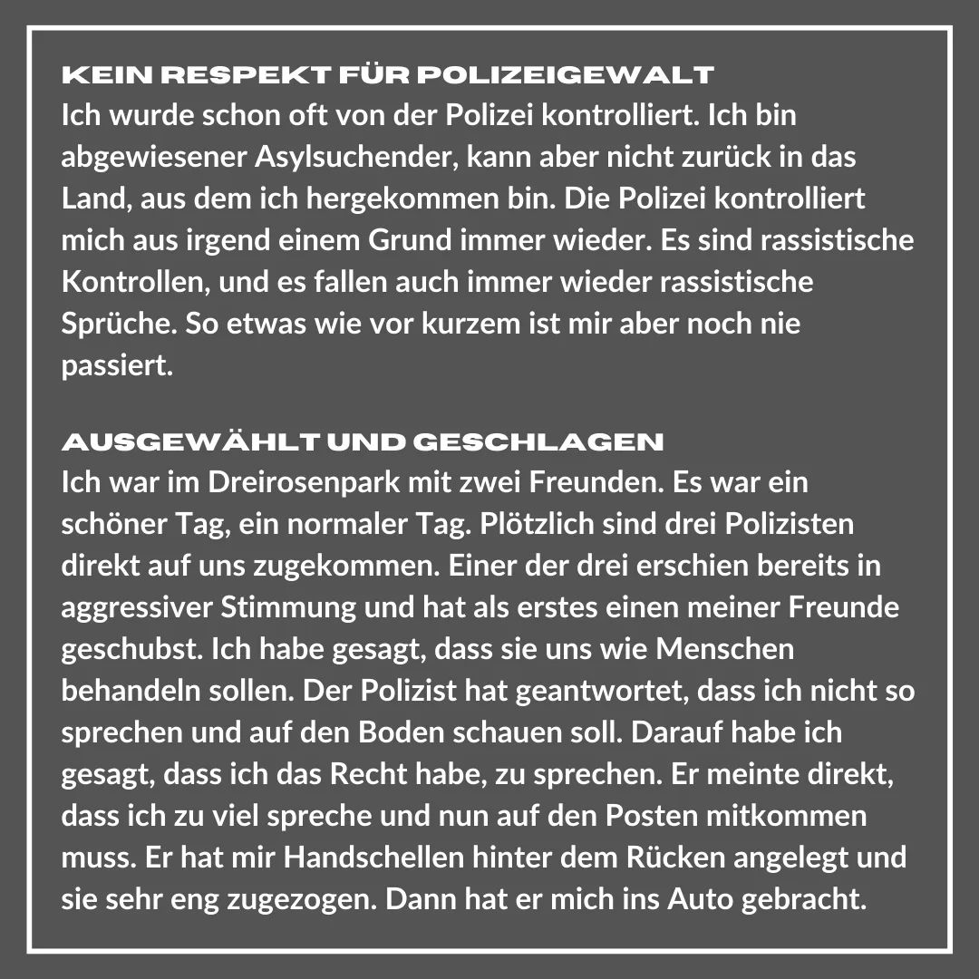 3rosen's tweet photo. Erfahrungsbericht rassistischer Polizeigewalt in #Basel von Aymen Amin

"Ich denke, Polizeigewalt ist ein Weg, um Migrant*innen dazu zu bringen, aus der Schweiz auszureisen."

via No More Komitee https://t.co/lFAtSDoGpR