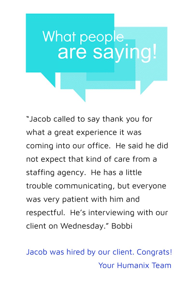 humanix's tweet photo. Thank you for the review, Jacob!

😊

#testimonialtuesday #recruiting #staffing #wearehiring #Humanix https://t.co/UhyOPWtPXx