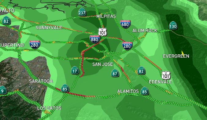 MikeyNoWay's tweet photo. The red sensors show a very slow drive.
The darker green blobs show rain.
@KariHallWeather warned us to be prepared.
I'm reminding drivers not to overreact.
Traffic & Weather go together.
(9:41a)
#RainInJune @nbcbayarea @NBCBayWeather https://t.co/Z0VxRBLWIC