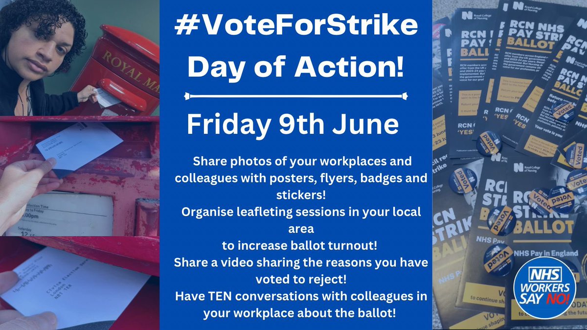Remember the Day of Action on Friday. 

We will win this be getting out on the wards and speaking to colleagues!

We can do this!

Post a 💙 for the NHS!

#VoteForStrike #FairPayForNursing #SOSNHS