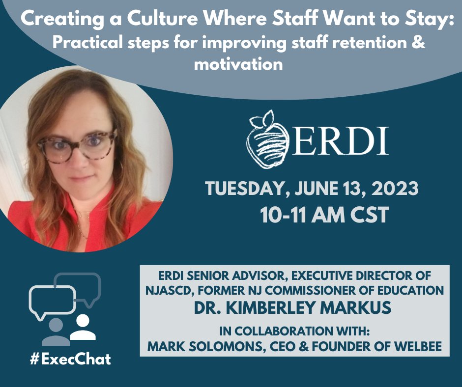 Let's connect about building a positive staff culture. Join us on Tuesday for a great ERDI #ExecChat with @agratitudegirl and @WelbeeUK Founder & CEO Mark Solomons. Register at: us06web.zoom.us/meeting/regist…